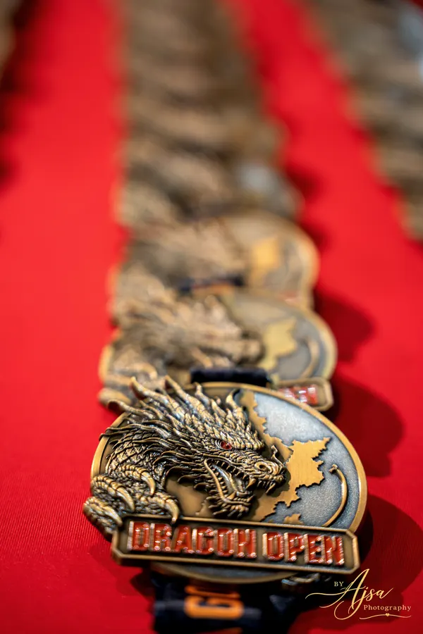 Close-up of the dragon medal